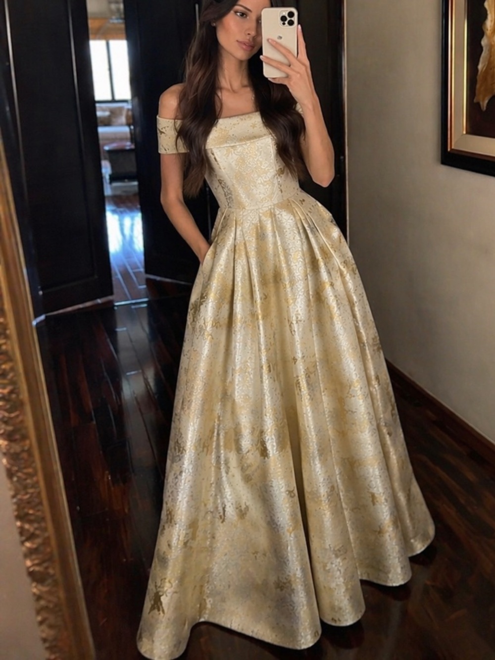 Calvin Klein Off-Shoulder Gold Maxi Gown prom wedding